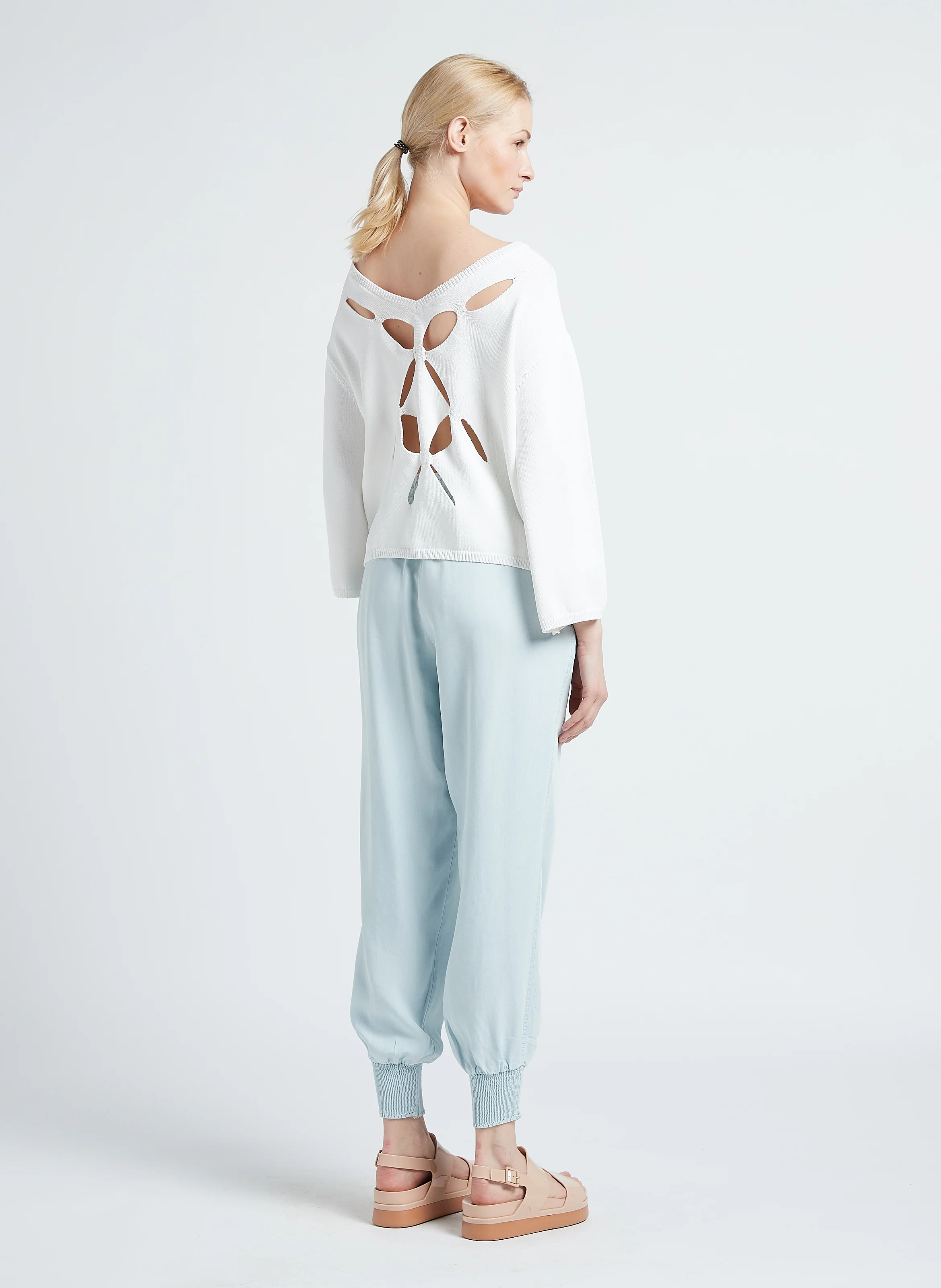 Pull col bateau ajouré en maille mélangée | Blanc