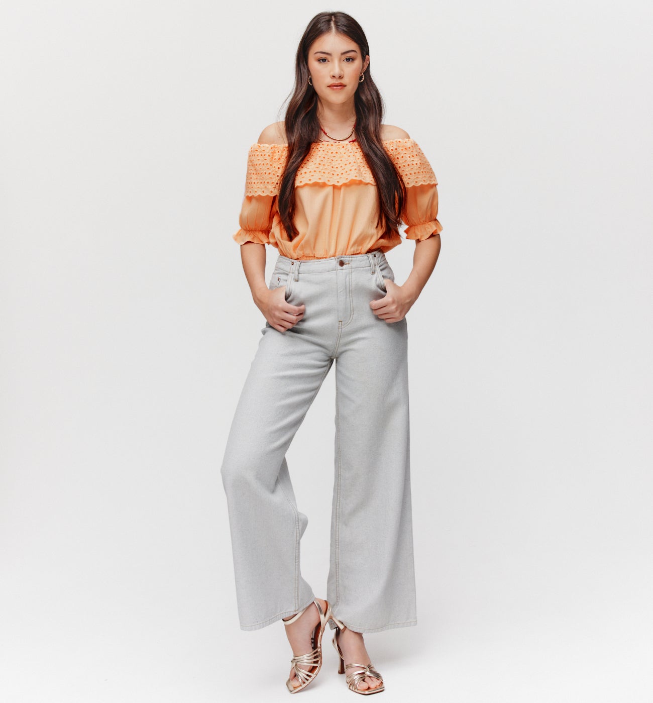 Blouse à encolure Bardot - Saumon clair