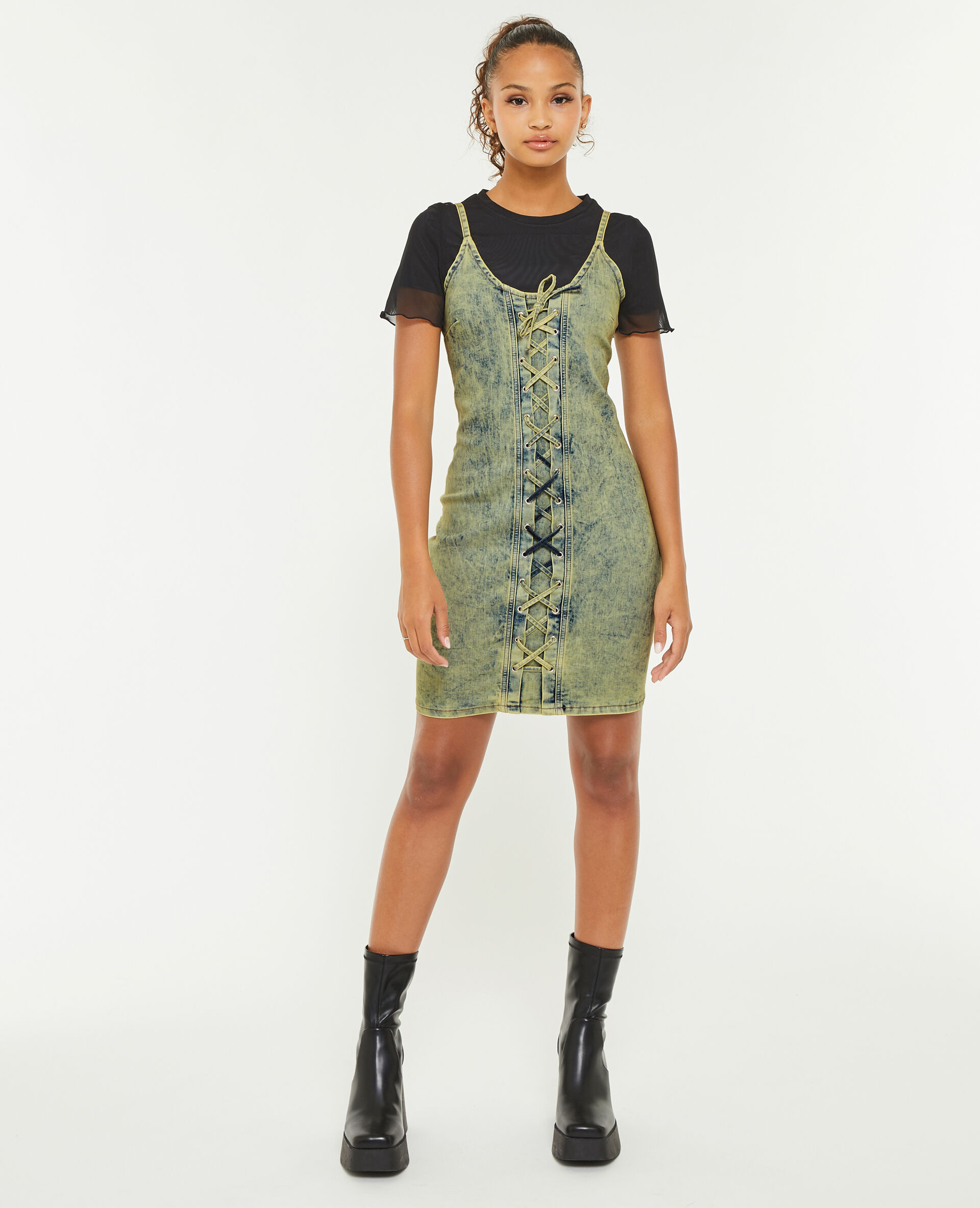 Robe courte en jean avec laçage - Bleu
