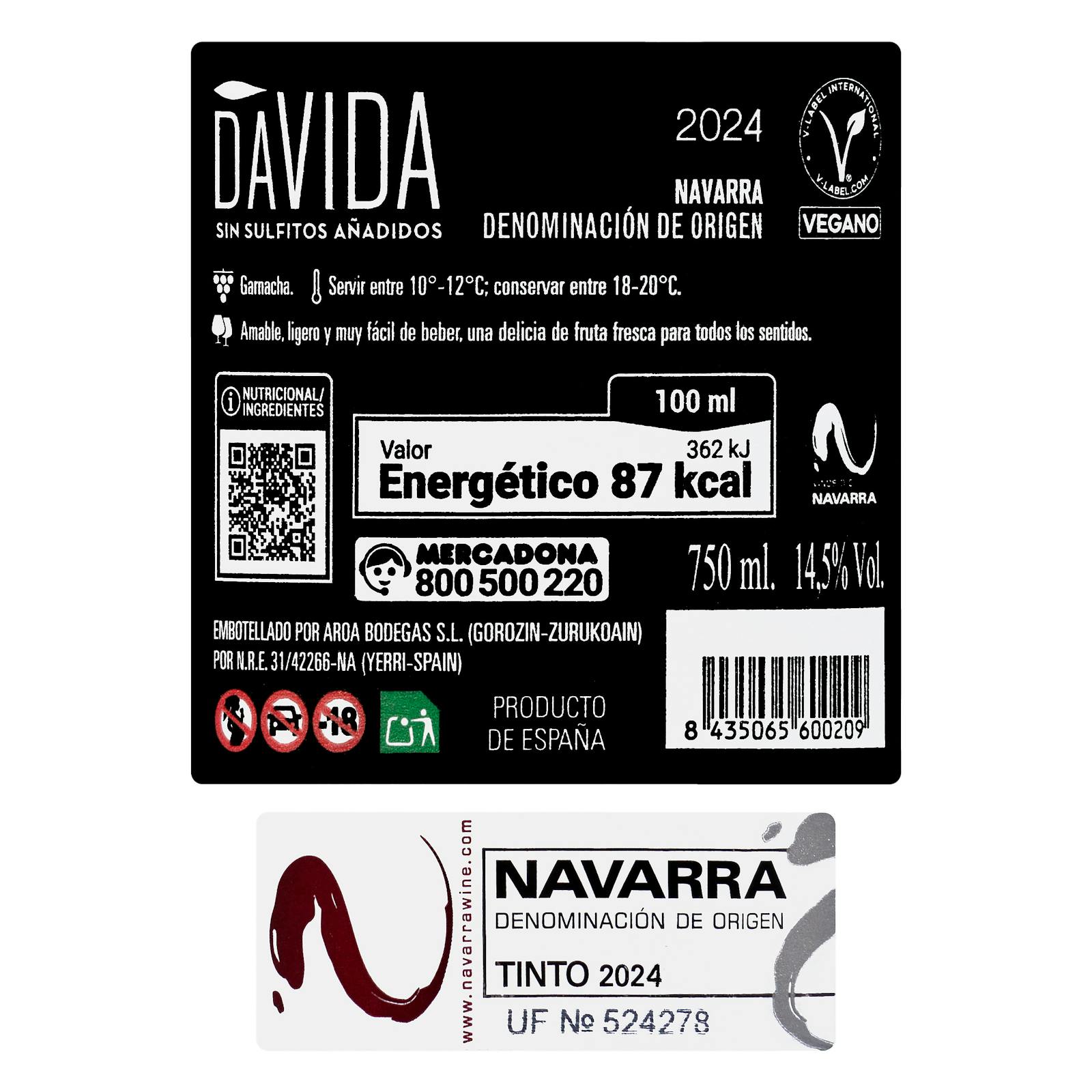 Vin rouge sans sulfites ajoutés Davida DO Navarra