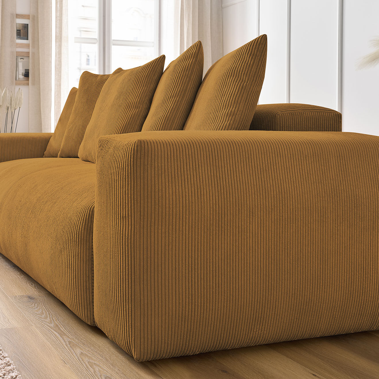Bobochic Canapé droit fixe 3 places ultra moelleux voltaire velours côtelé jaune - 280x124x75 cm
