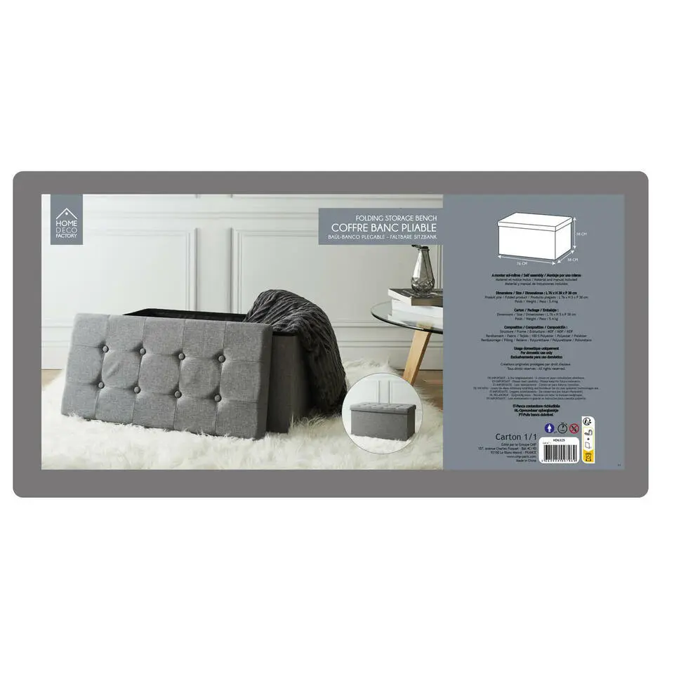 Home Deco Poef Chique - opbergbox - donkergrijs - 76 x 38 cm