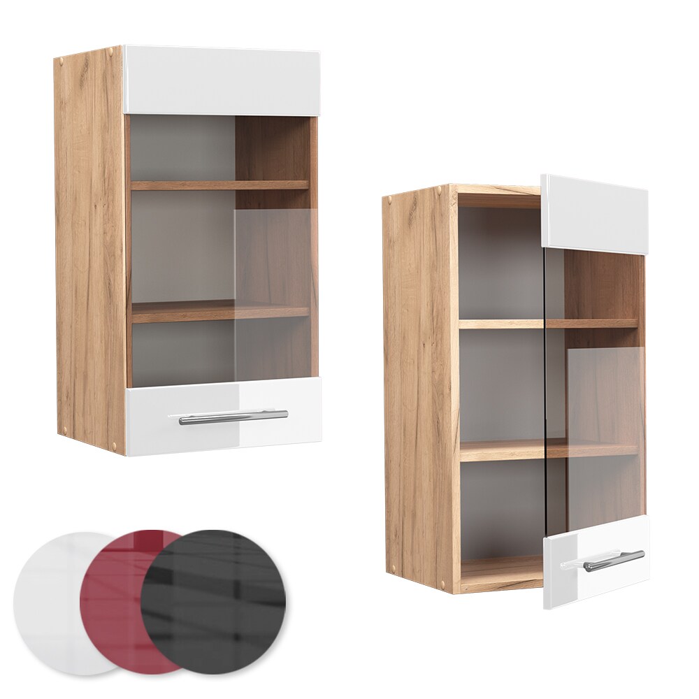 Vicco Hängeglasschrank Küchenschrank Küchenmöbel Fame-Line Eiche Weiß modern 40 cm Küche Einbauküche Hängeschrank Glasschrank Drehtür Einlegeboden Küchenzeile Hochglanz