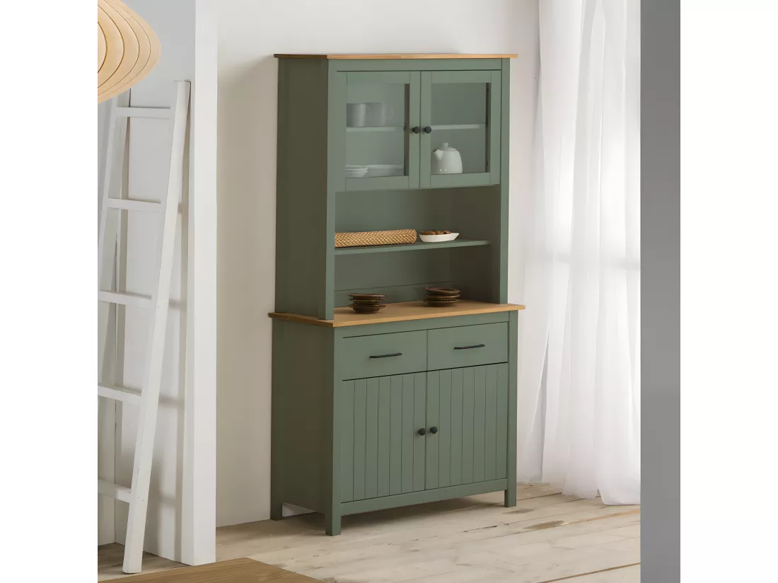 Vaisselier 4 portes 2 tiroirs en bois massif vert L90xH180 cm - Ida