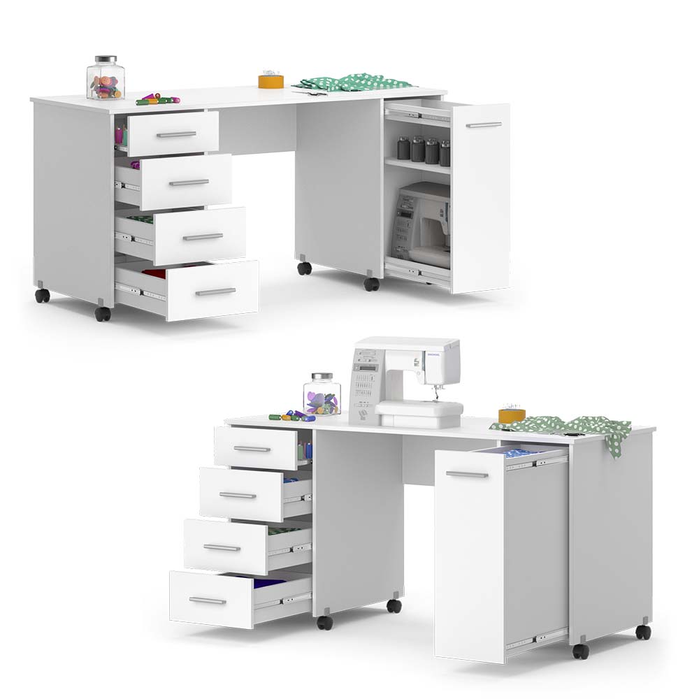 Vicco Nähtisch Verona auf Rollen 148x75x60cm weiß, Basteltisch mit 4 Schubladen