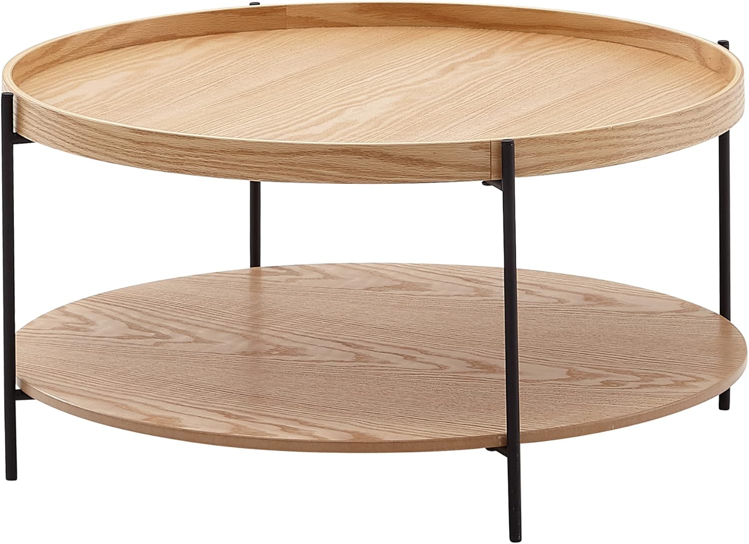 FineBuy Couchtisch Rund 80cm MDF Holz & Metall Skandinavisches Eiche Design – Moderner Wohnzimmertisch mit großer Ablage – Design Sofatisch für Wohnzimmer