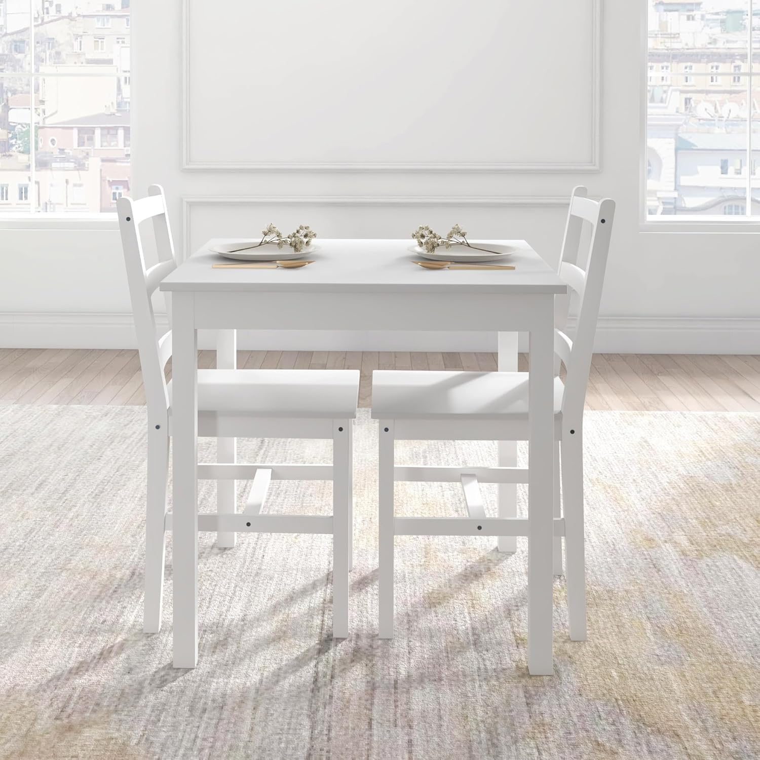 HOMCOM 3er-Set Essgruppe, Esstisch mit 2 Stühle, Esszimmergruppe für 2 Personen, Küchentisch-Set, Tischgruppe für Wohnzimmer, Küche, Platzsparend Weiß, Kiefernholz
