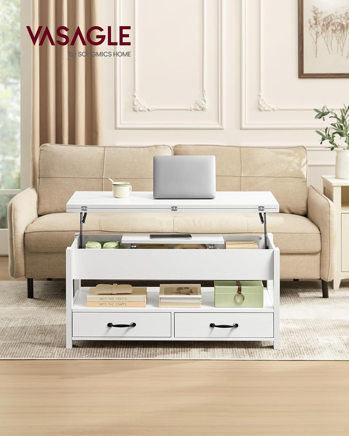 VASAGLE Couchtisch, höhenverstellbarer Wohnzimmertisch, Gaszylinder, 2 Schubladen und 3 Fächer unter der Tischplatte, Kaffeetisch, 1 offenes Fach, für Wohnzimmer, Homeoffice, schneeweiß LCT254W02