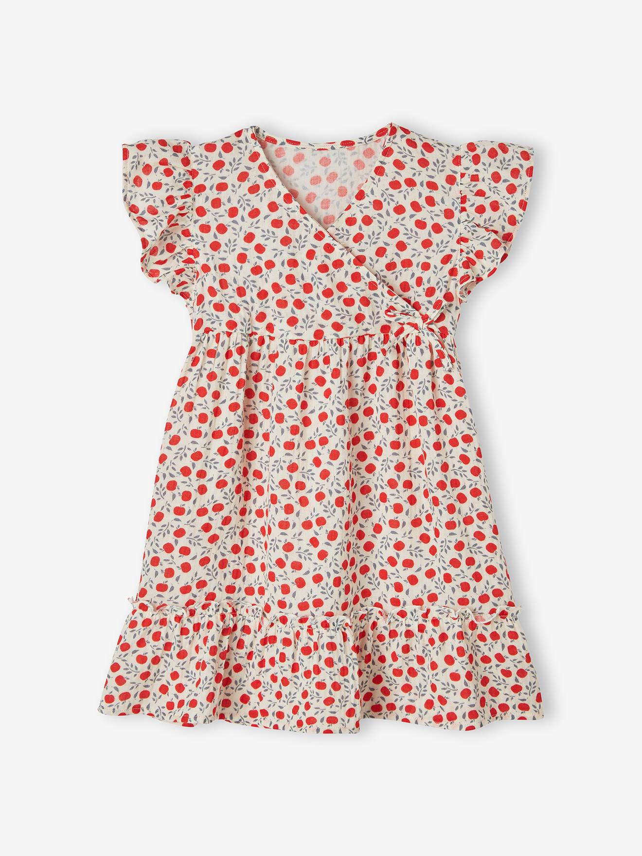 Vestido de chiffon de algodão com estampa de maçãs e efeito transpassado para meninas, cor cru.