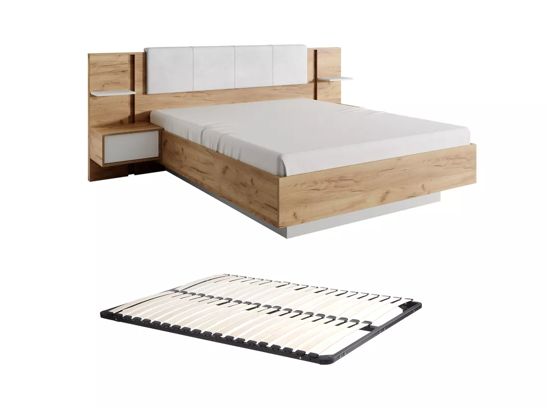 Lit avec chevets 160 x 200 cm - Avec LEDs - Coloris : Naturel et blanc + Sommier - ELYNIA