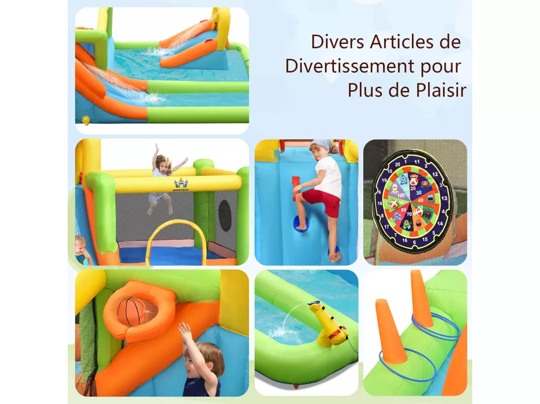 Château Gonflable 8 en 1 avec 2 Toboggans, Parc Aquatique avec Maison de Saut, Mur d'Escalade, Panier de Basket, Sac de Transport, Charge 135kg pour 3 Enfants de 3-10 Ans (Sans souffleur)
