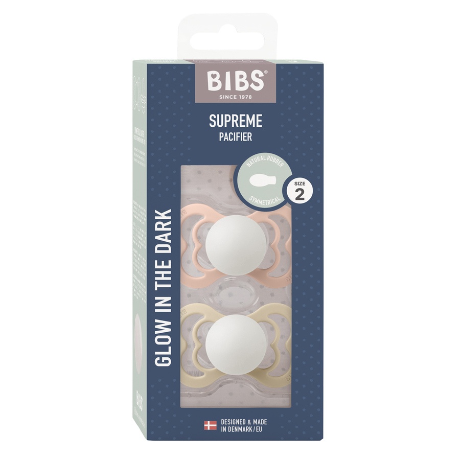 BIBS Pacifier Supreme Latex Blush Glow/Vanilla Glow Size 2 2pcs