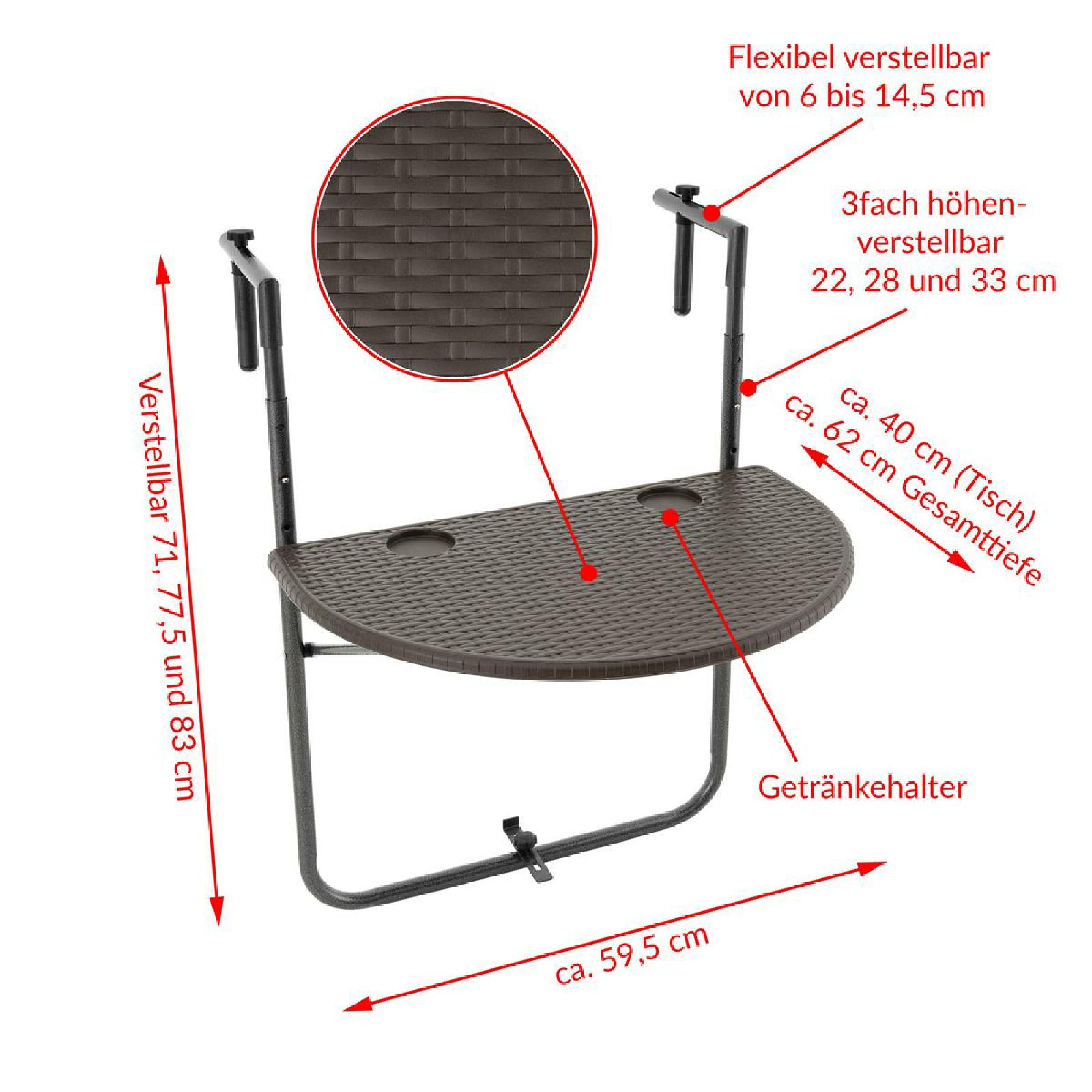 VCM Balkonhängetisch Balkontisch Wandklapptisch Hängetisch stabil 59 x40 cm braun