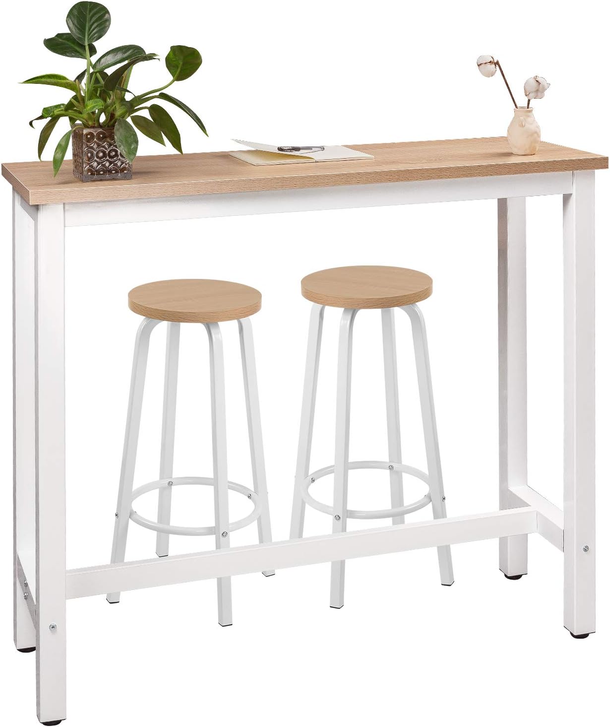 WOLTU Bartisch Set mit 2 Barhockern, Stehtisch & Barstuhl mit Metallgestell, Esstisch aus Holz für Bar Küche Wohnzimmer, Bistrotisch Bartheke Tresentisch, 120x40x100cm, Hell Eiche + Weiß AS7007936