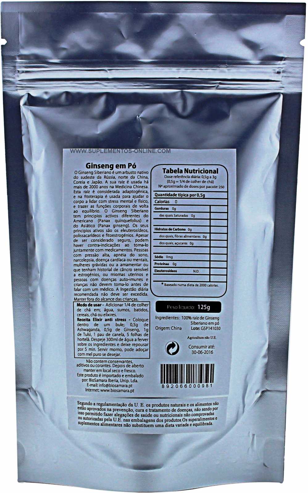 Pó de raiz de gengibre siberiano Biosamara 125g