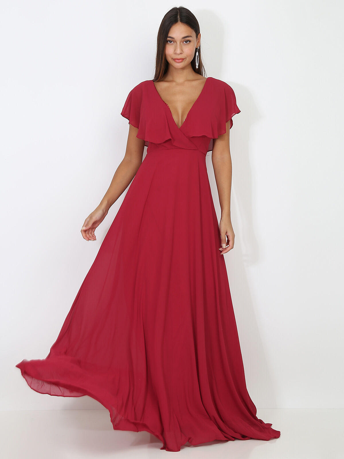 Robe longue décolleté à volants- Cerise