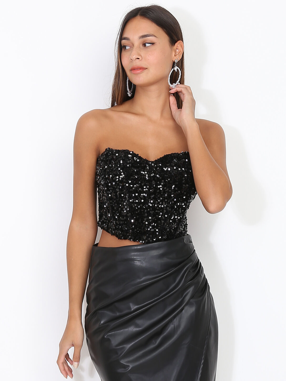 Bustier en velours brodé de sequins- Noir