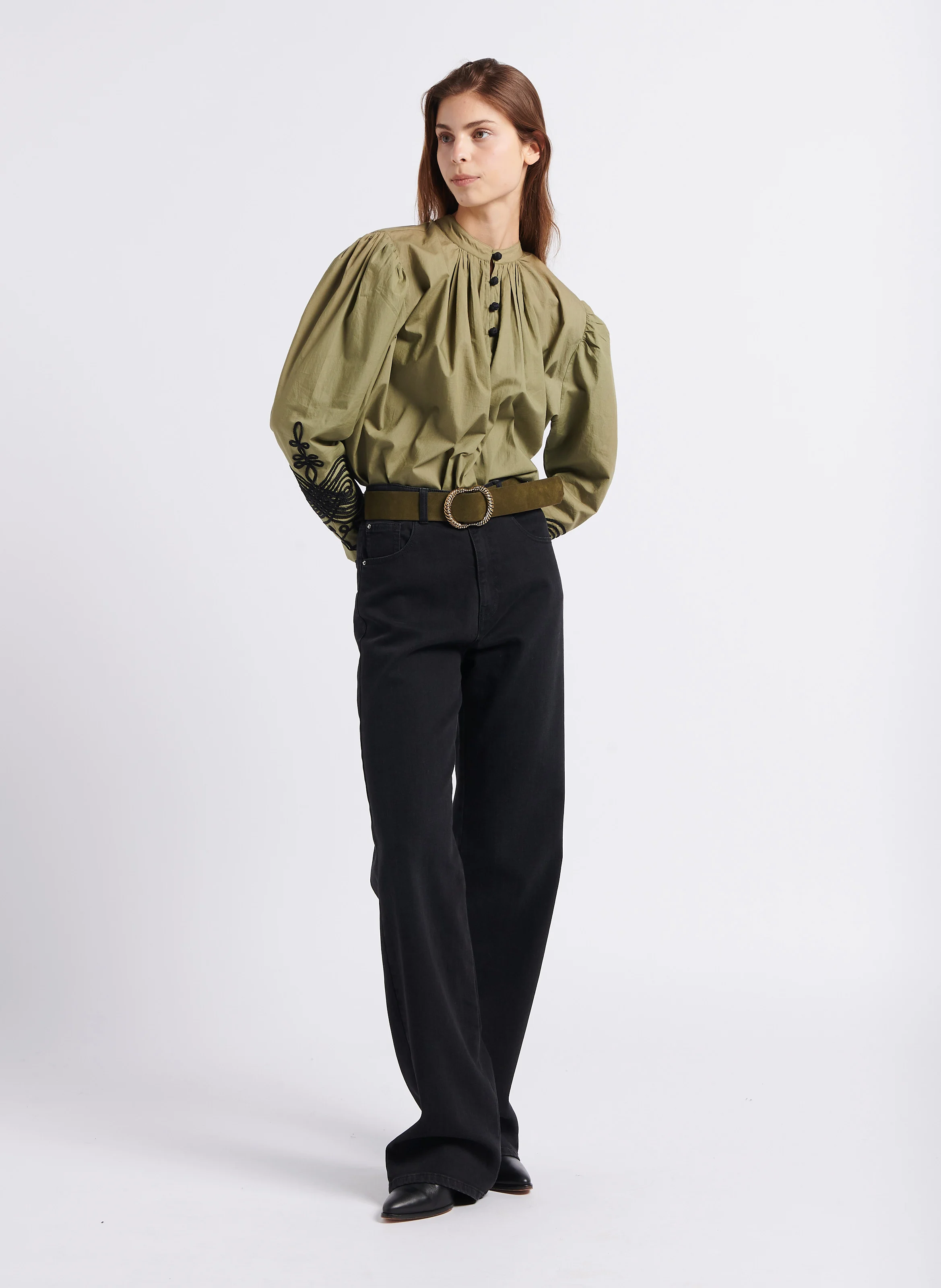 EGO - Blouse ample col rond brodée en coton| Kaki
