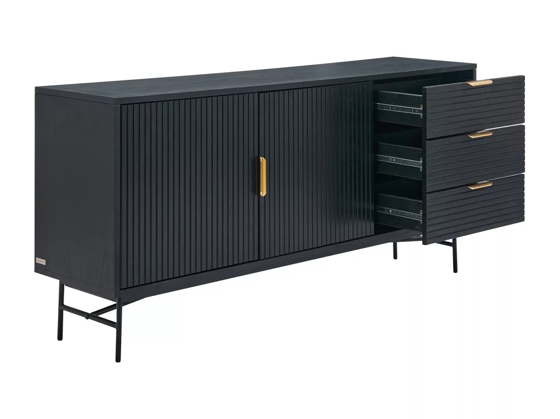 Buffet avec 2 portes et 3 tiroirs placage chêne et métal - Noir et Doré - SIRIOLA