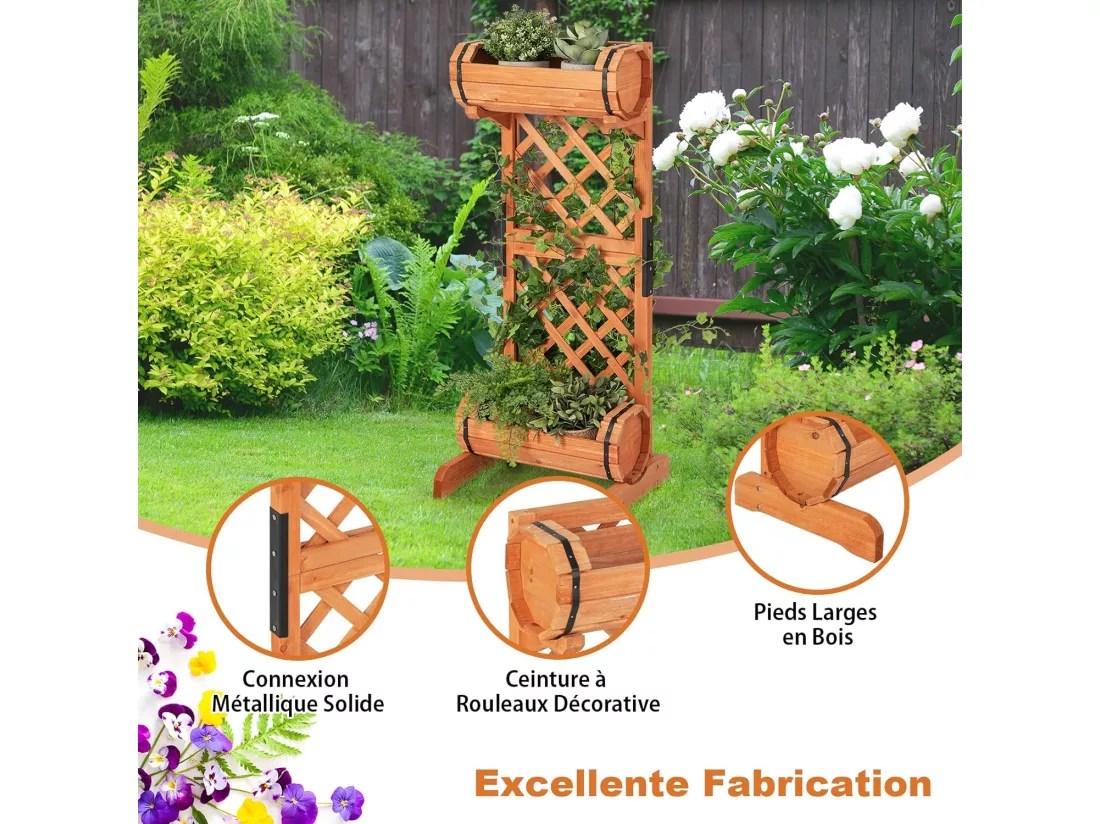 Jardinière à 2 Niveaux avec Treillis en Bois de SaBois, Bac à Fleurs pour Plante Grimpante Vigne, Lit de Jardin Résistance aux Intempéries (45,5 x 36 x 113 cm)