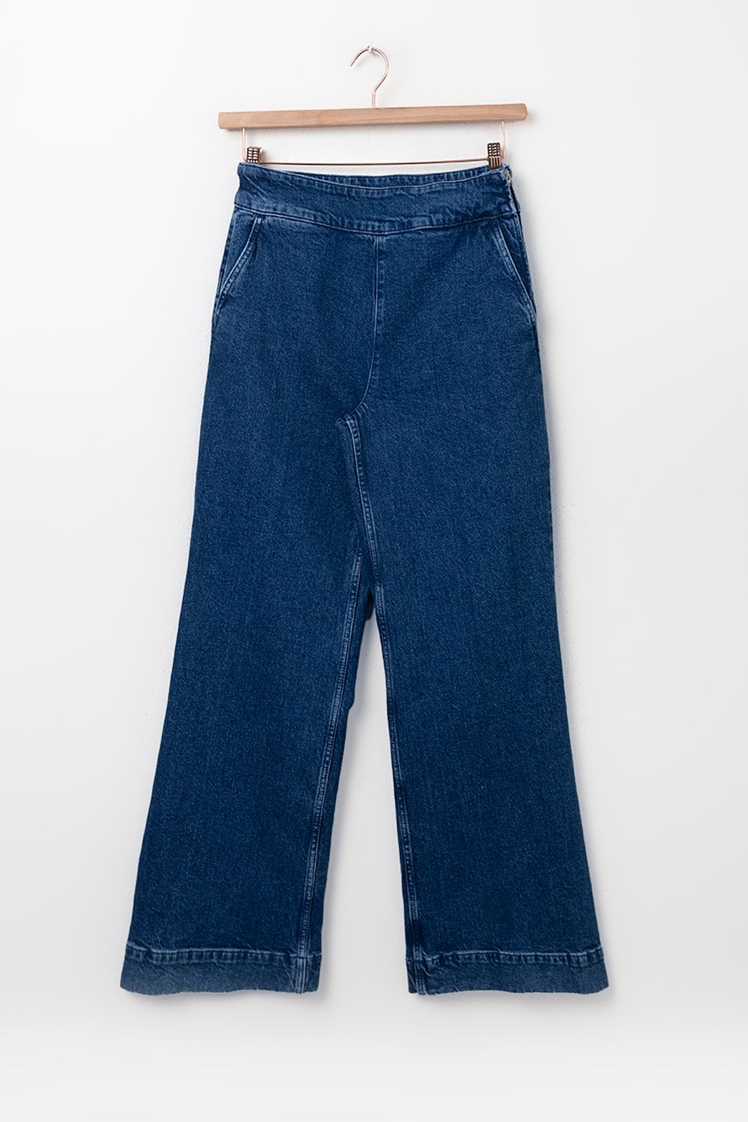 Donkerblauwe wide leg denim broek met rits