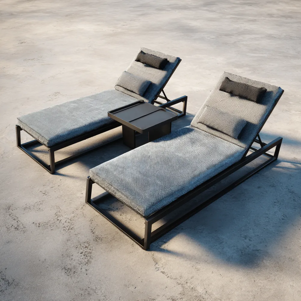 Doppel-Liege mit Tisch 200x70x35 cm Metallrahmen Grau für Garten