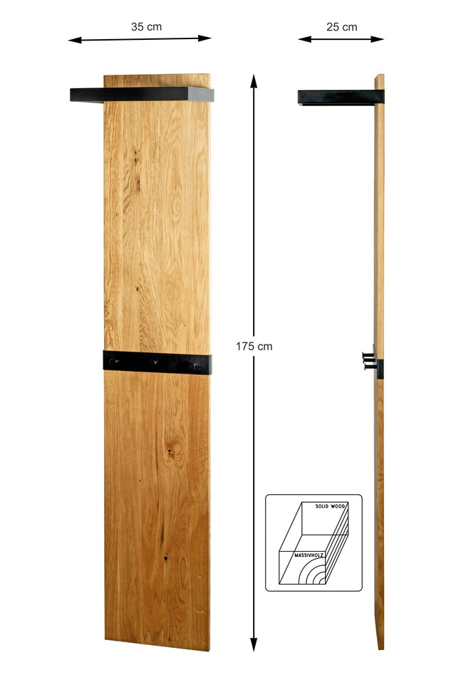 Garderobenpaneel 35 x 175 cm Eiche Massivholz/schwarz