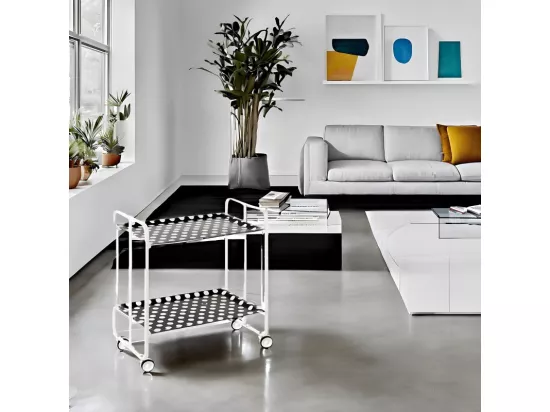 Chariot pliant à roulettes, desserte - Structure métallique blanche, 2 niveaux en stratifié motif Ronds blancs fond noir - 72*66*43 cm - BAUHAUS