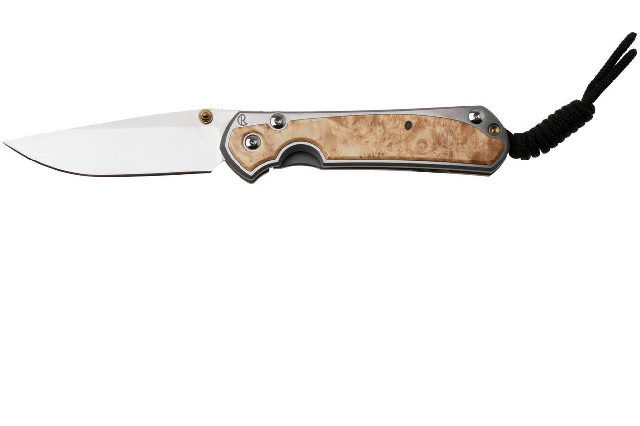 Chris Reeve Small Sebenza 31 S31-1628, Satin CPM MagnaCut, Polished Titanium, Box Elder Inlay zakmes