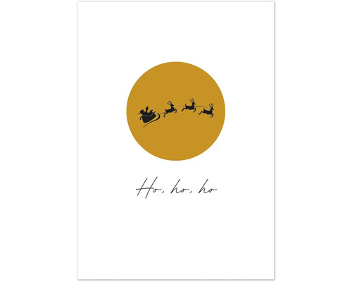 Kerstansichtkaart, goud, ho ho ho, vliegende Kerstman, 10,5 x 14,8 cm