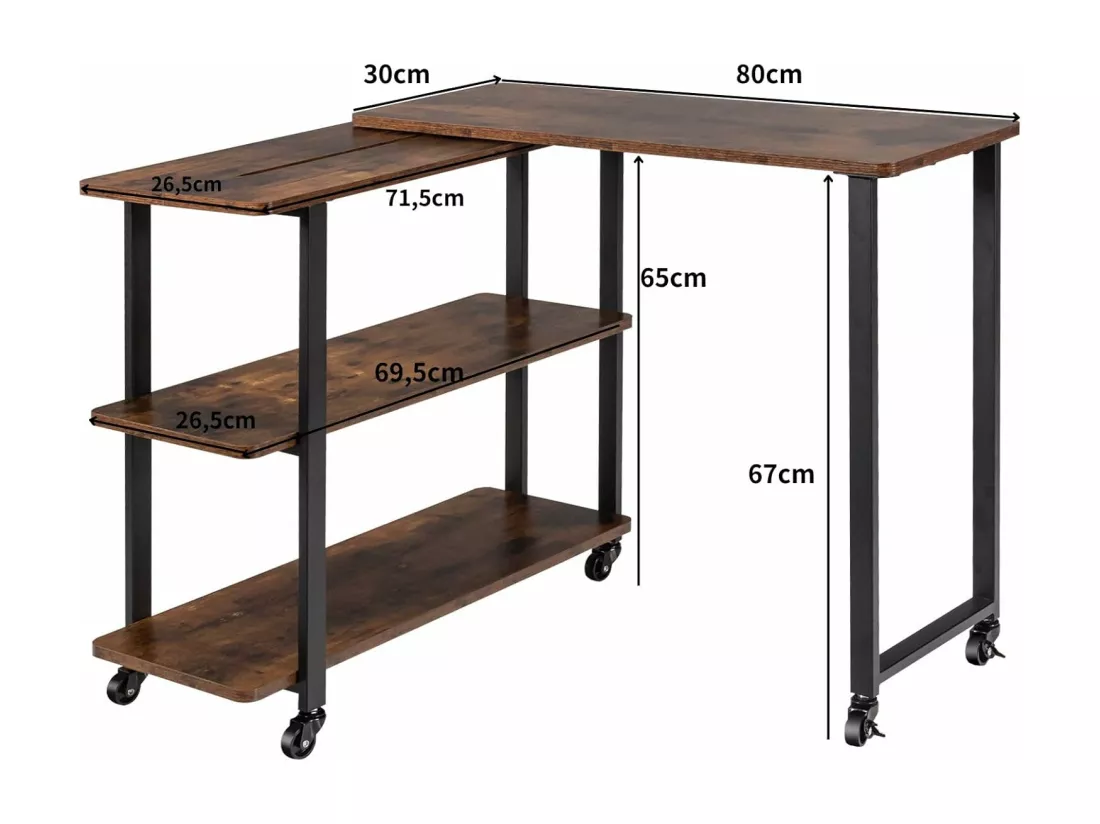 Table Roulante, Bureau d’Angle Mobile avec 3 Étagères, Table d’Appoint Rotative 360°pour Salon, Chambre, Montage Facile, Bureau avec Rangement, Marron Rustqiue 80 x 71,5 x 67cm