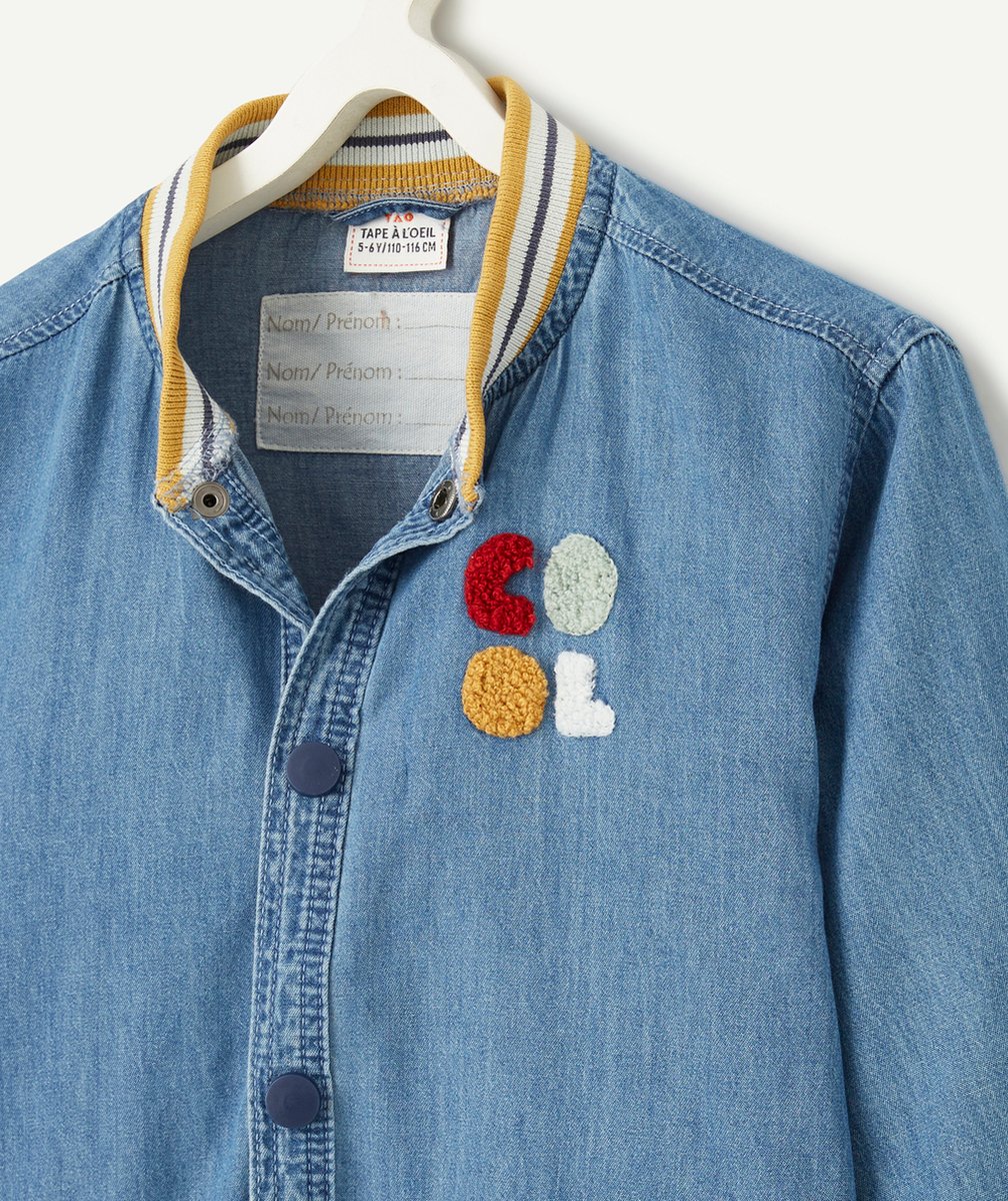 TABLIER BLEU GARÇON IMPRIMÉ AVEC PATCH EN BOUCLETTE