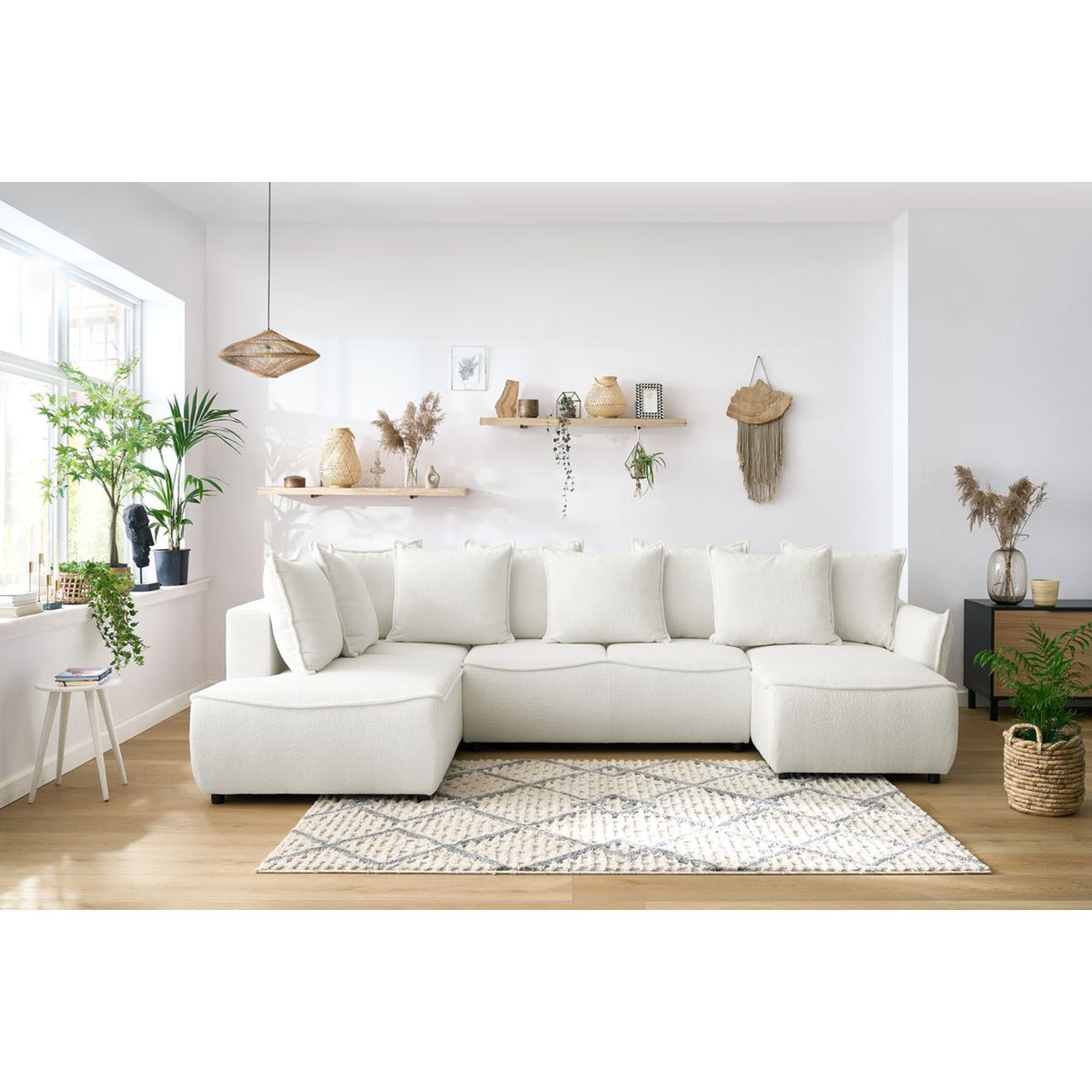 Bobochic Canapé panoramique convertible coffre d'angle droit bouclette léon blanc - 320x194x90 cm