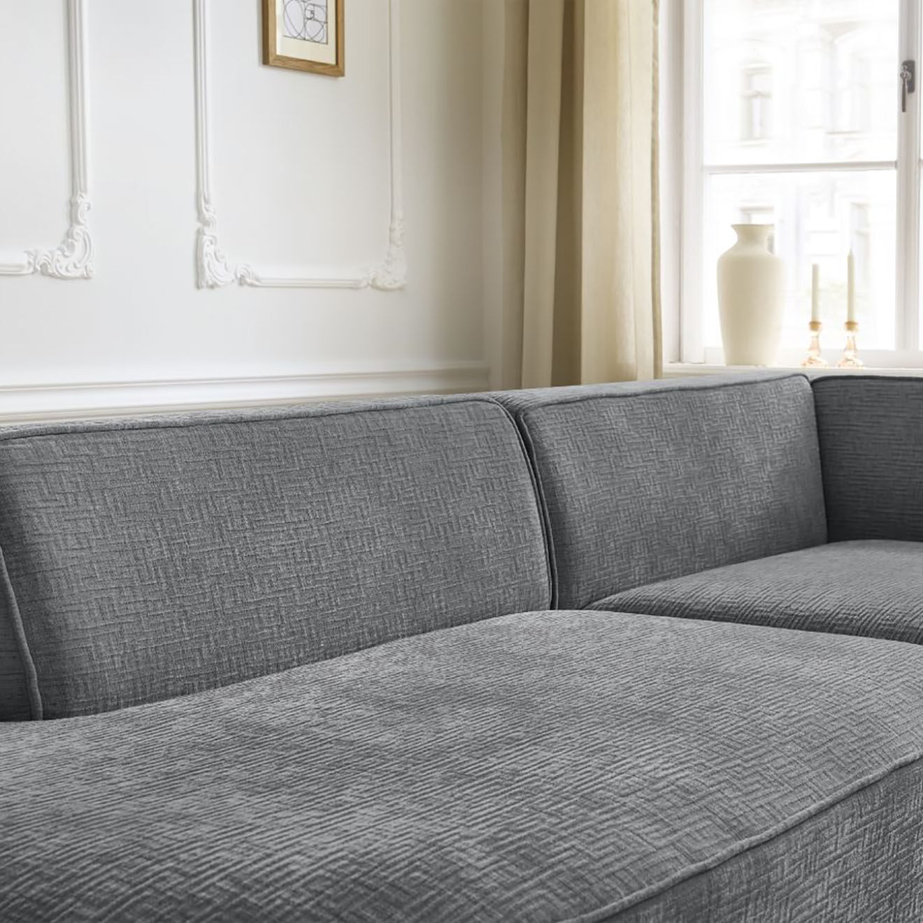 Bobochic Canapé d'angle droit fixe 4 places Rousseau texturé gris foncé - 250x160x72 cm