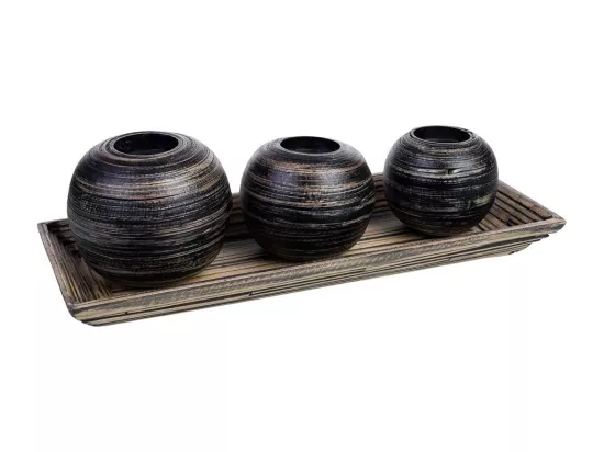 Ensemble plateau et 3 bougeoirs en bois de bambou noir 33x13x3h cm