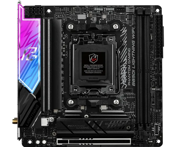 ASRock Phantom Gaming B850I LIGHTNING WIFI - Bundkort - mini ITX - Socket AM5 - AMD B850 Chipset - USB-C 3.2 Gen2, USB-C 3.2 Gen 1, USB 3.2 Gen 2, USB 3.2 Gen 1 - Wi-Fi 6E, Bluetooth, 2.5 Gigabit LAN - onboard grafik (CPU påkrævet) - HD Audio (8-kana