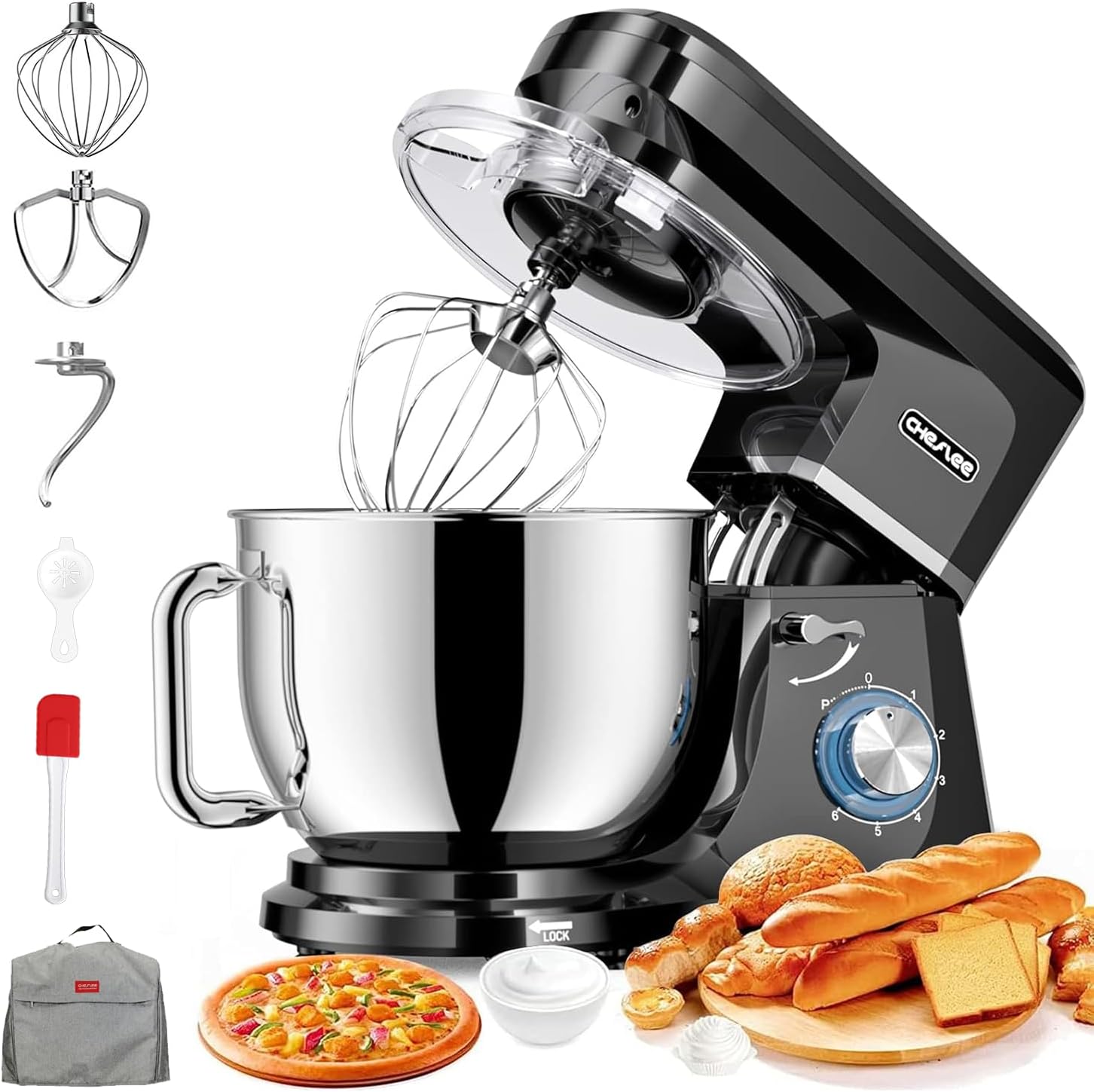 CHeflee Küchenmaschine,2000W Leistungsstarke Knetmaschine, mit Knet-und Rührfunktion 6 Geschwindigkeiten Geräuscharme Teigknetmaschine 7,2 Liter Edelstahlschüssel Knethaken & Schneebesen Spritzschutz