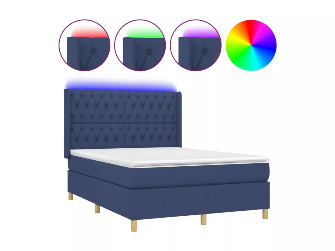 Sommier tapissier avec matelas et LED Bleu 140x190 cm Tissu