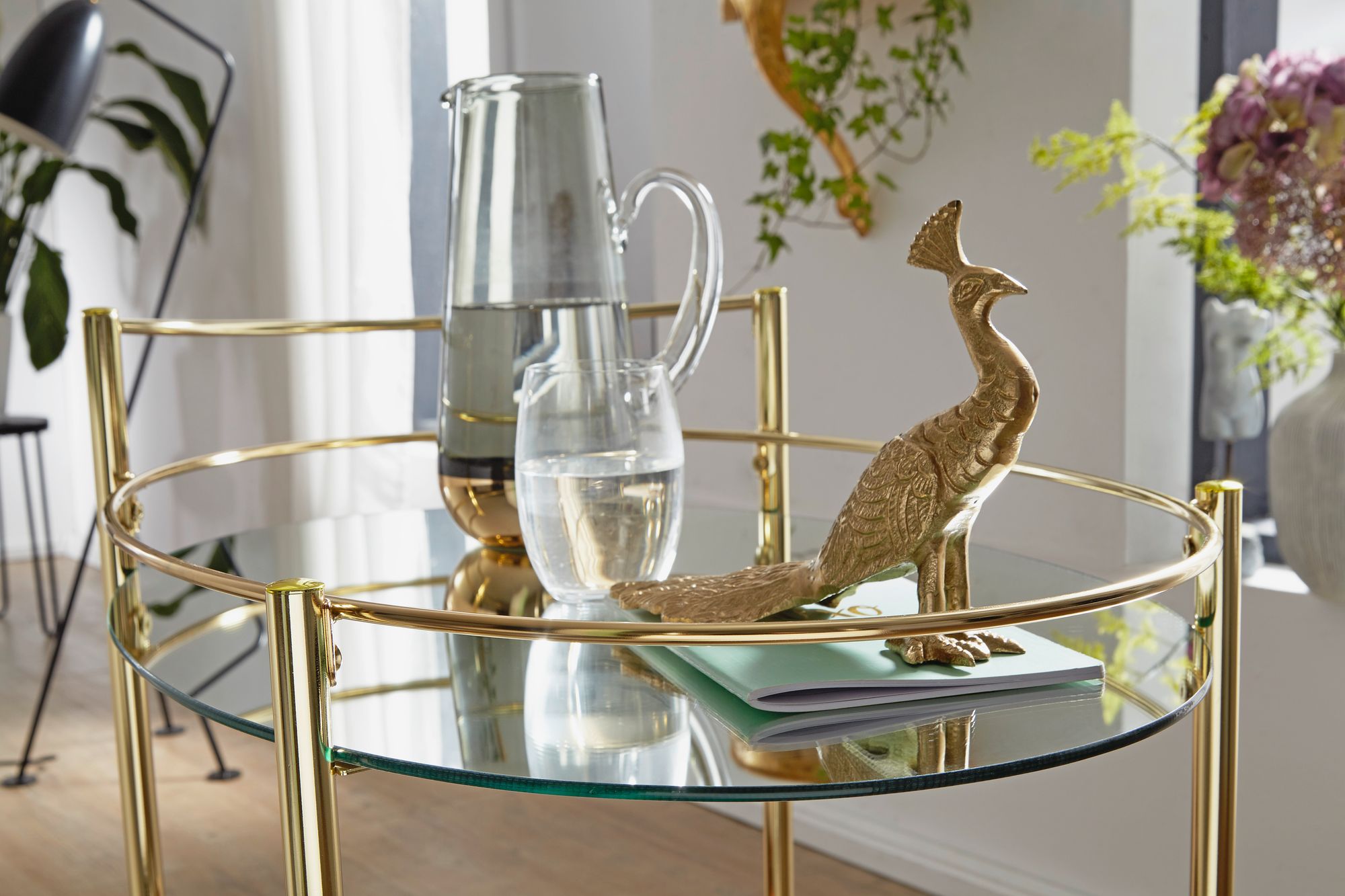 FineBuy Servierwagen Gold Beistelltisch auf Rollen Glas Speisewagen Teewagen