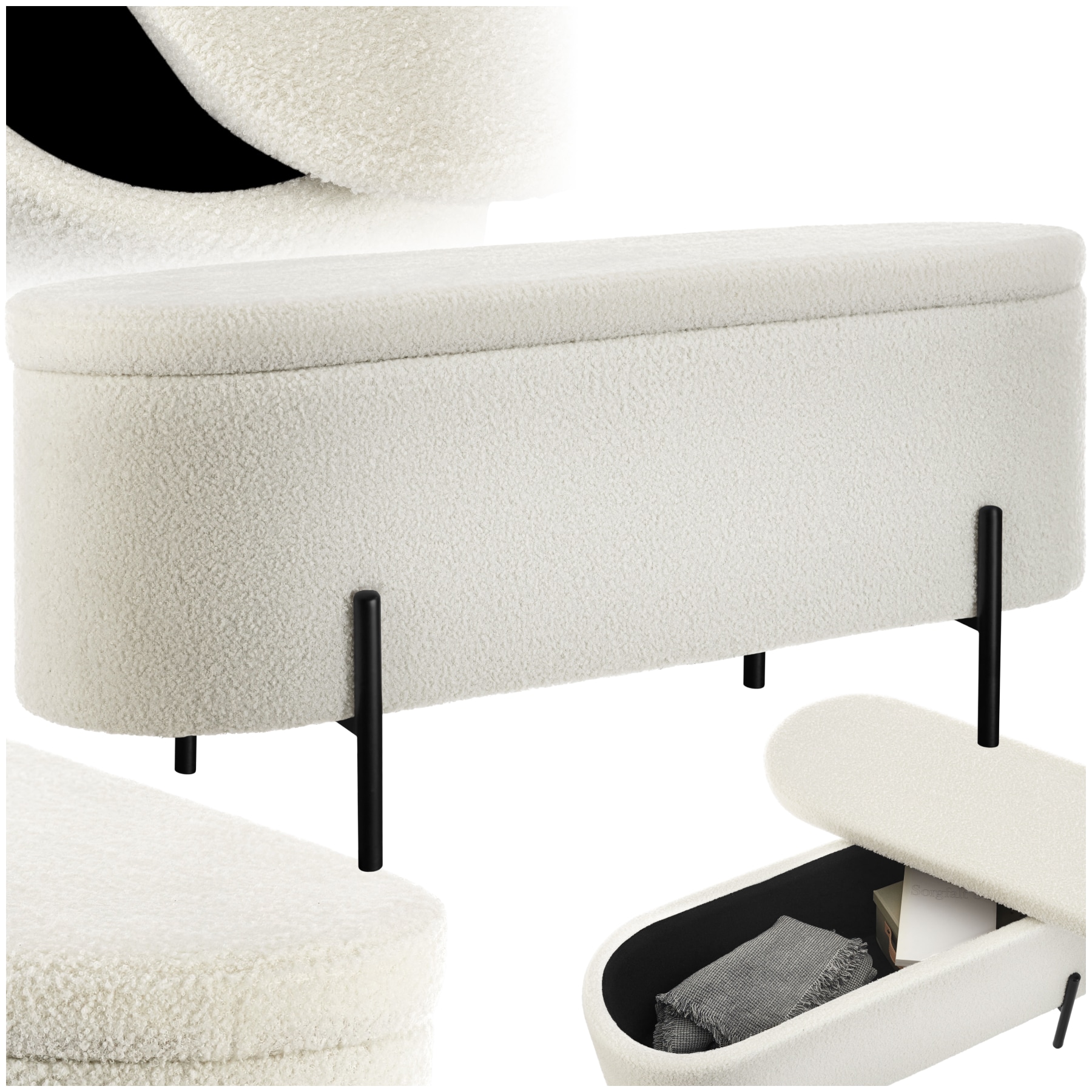 tectake® Sitzbank, mit Bouclé-Stoff, schlanke, bodenschonende Stahlbeine, 97 x 36 x 42 cm