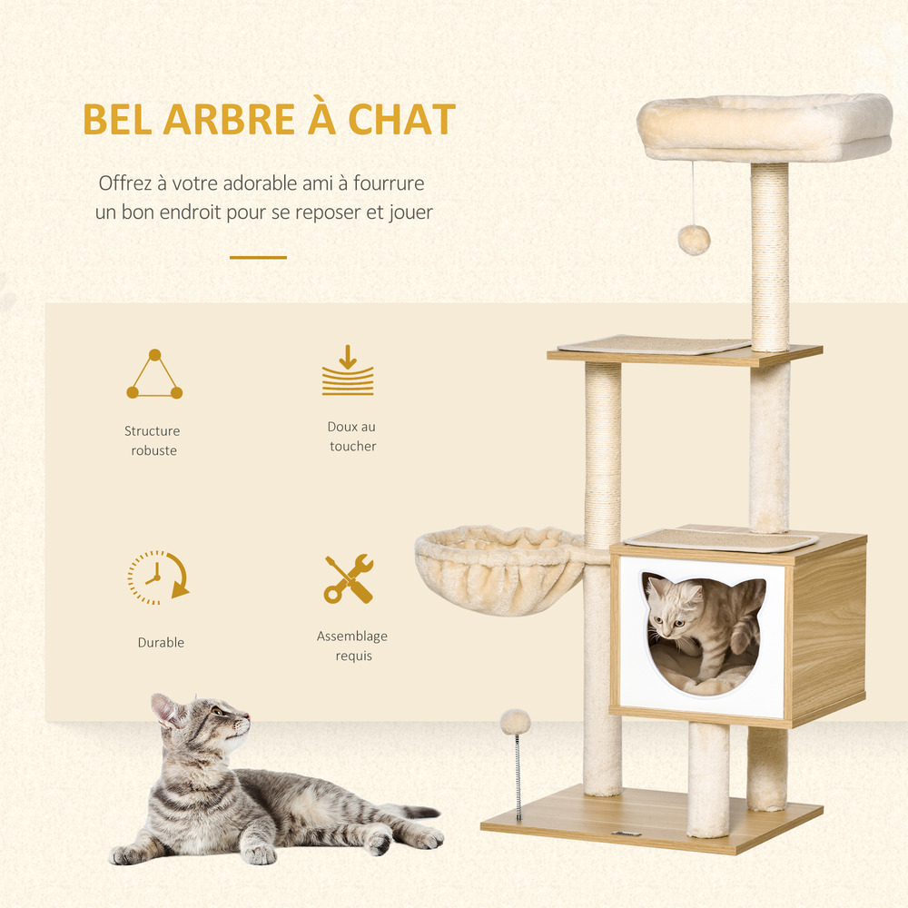 Arbre à chat multi-équipement griffoirs grattoirs niche hamac panier coussins amovibles h126 cm peluche courte sisal naturel beige