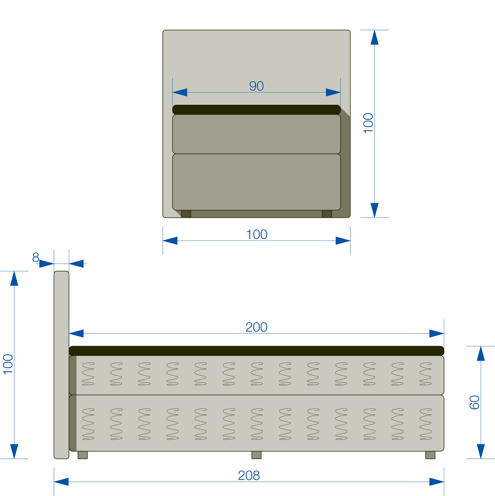 Boxspringbett - H3 - graphit - 90x200 cm