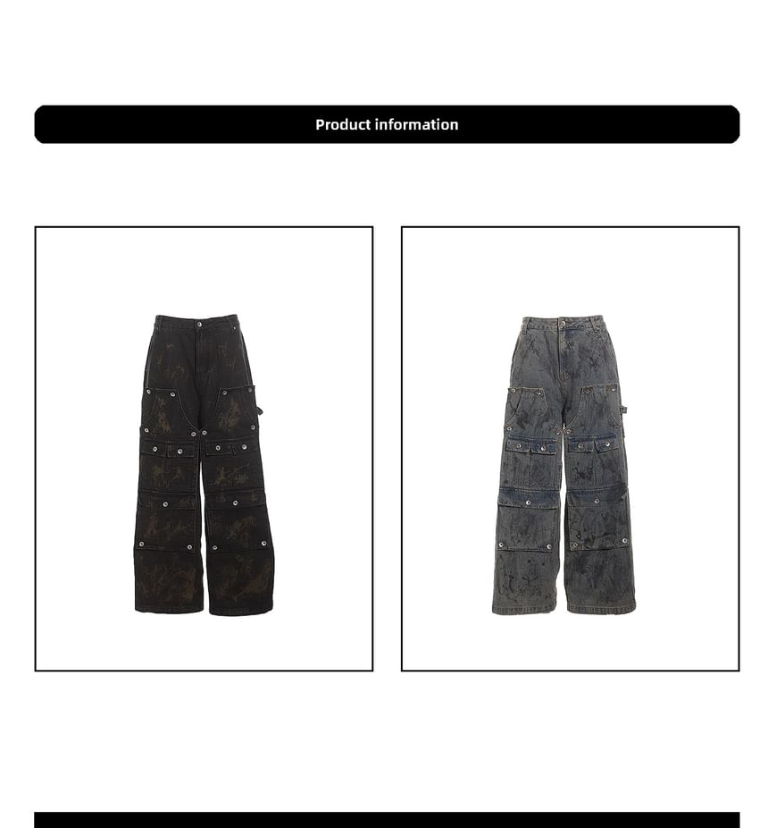 SPUCIKLEI - Lage taille patchwork gewassen wijde cargo jeans