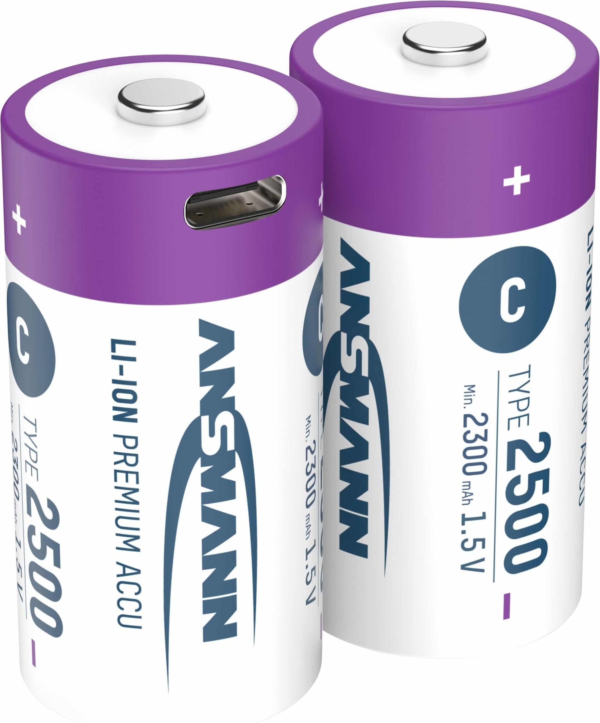 (2er Set) 2500mAh Wiederaufladbarer LR14 Lithium Ionen Akku USB C Baby Batterie (1313-0004)