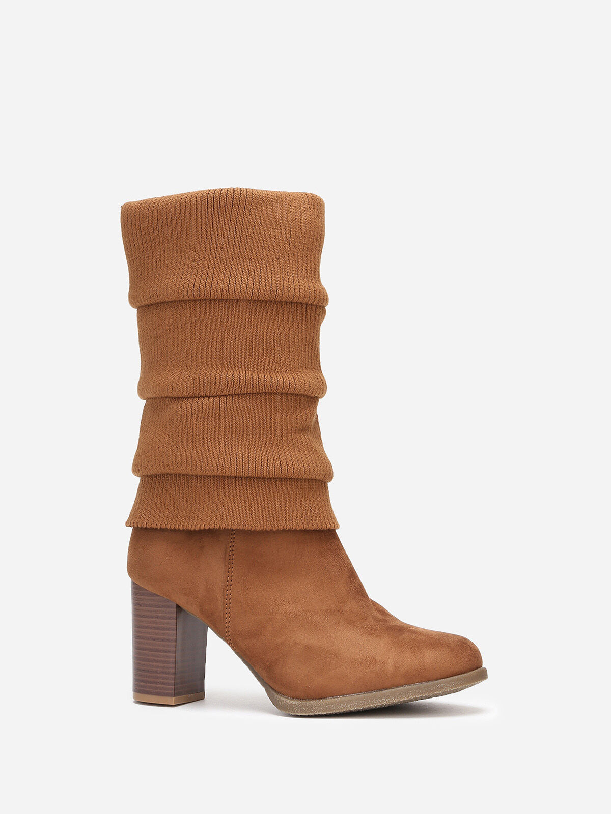 Bottes à talon en suédine et maille- Camel