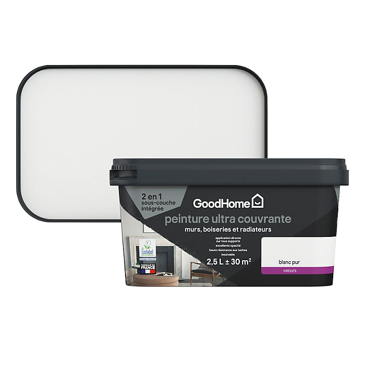 Peinture couleur 2 en 1 velours GoodHome blanc pur 2,5L