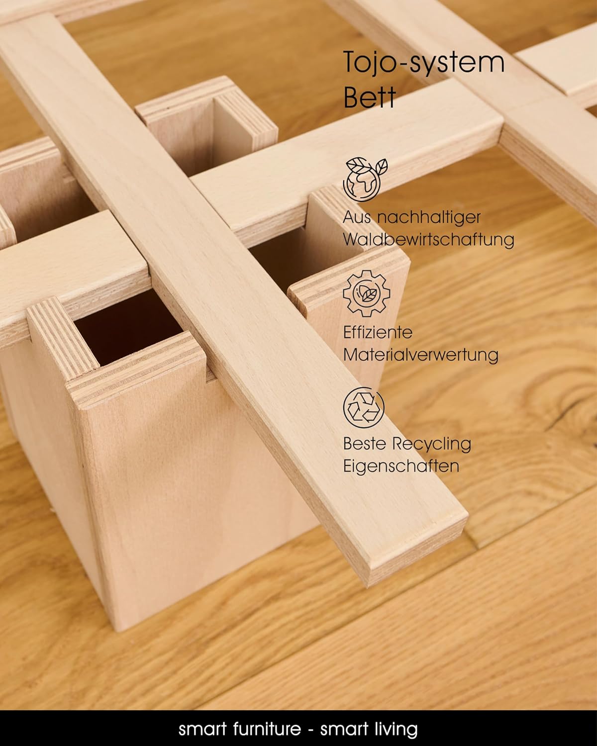 Tojo System Bett 90x200 cm I Flexibles Funktionsbett I Holzbett ohne Schrauben & Beschläge I Schnell auf- & abgebaut, ideal für Gästebett & Jugendbett