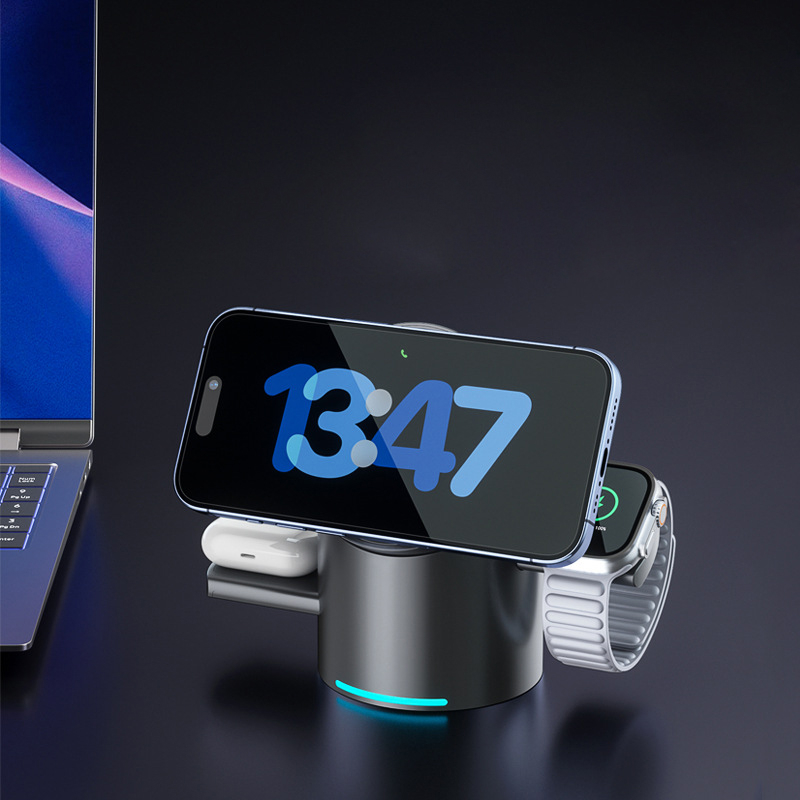 (20W) 3in1 MagSafe Qi2 Wireless Charger Fast Charging Ladegerät Ladestation mit Drehfunktion - Schwarz