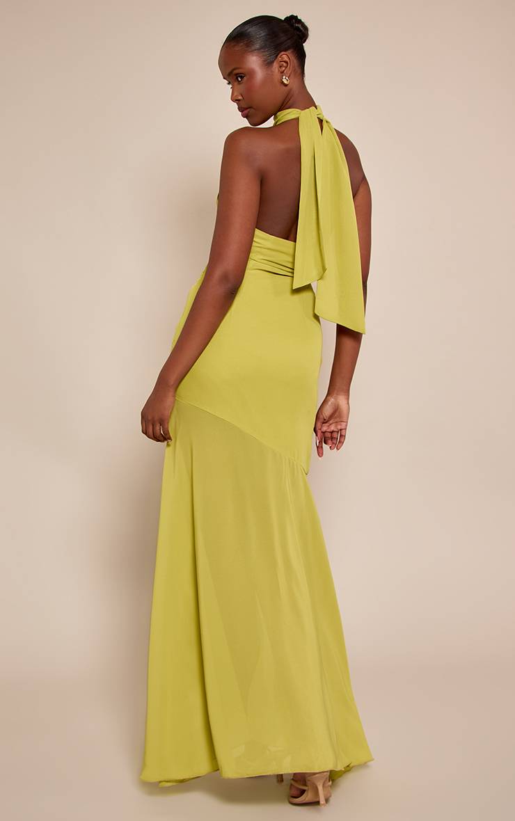 Vert Robe Maxi En Mousseline À Taille Basse Asymétrique Et Col Licou