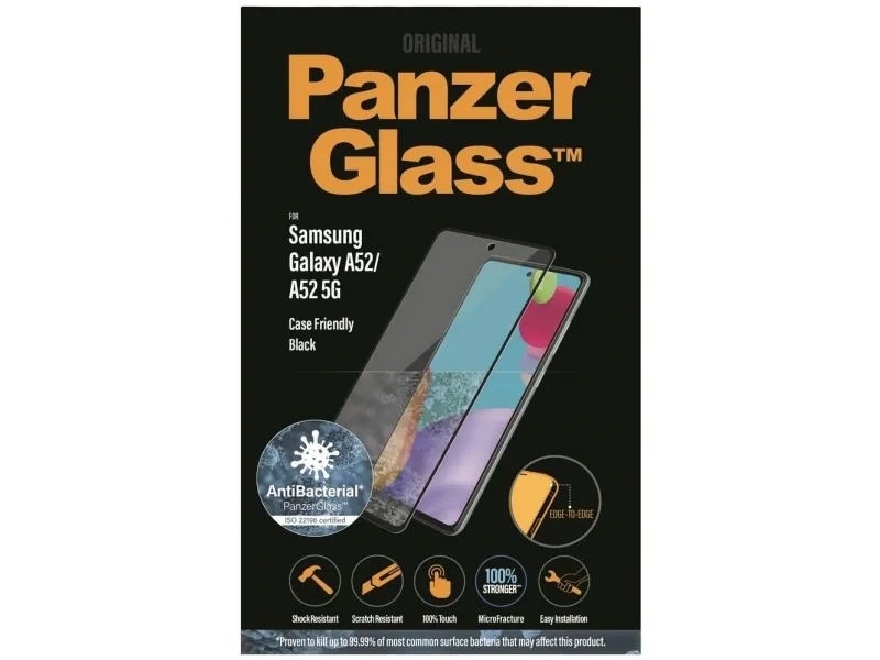PanzerGlass™ | Case-Friendly - Skærmbeskytter for mobiltelefon - Edge-to-Edge fit - rammefarve sort | Samsung Galaxy A52/A52 5G